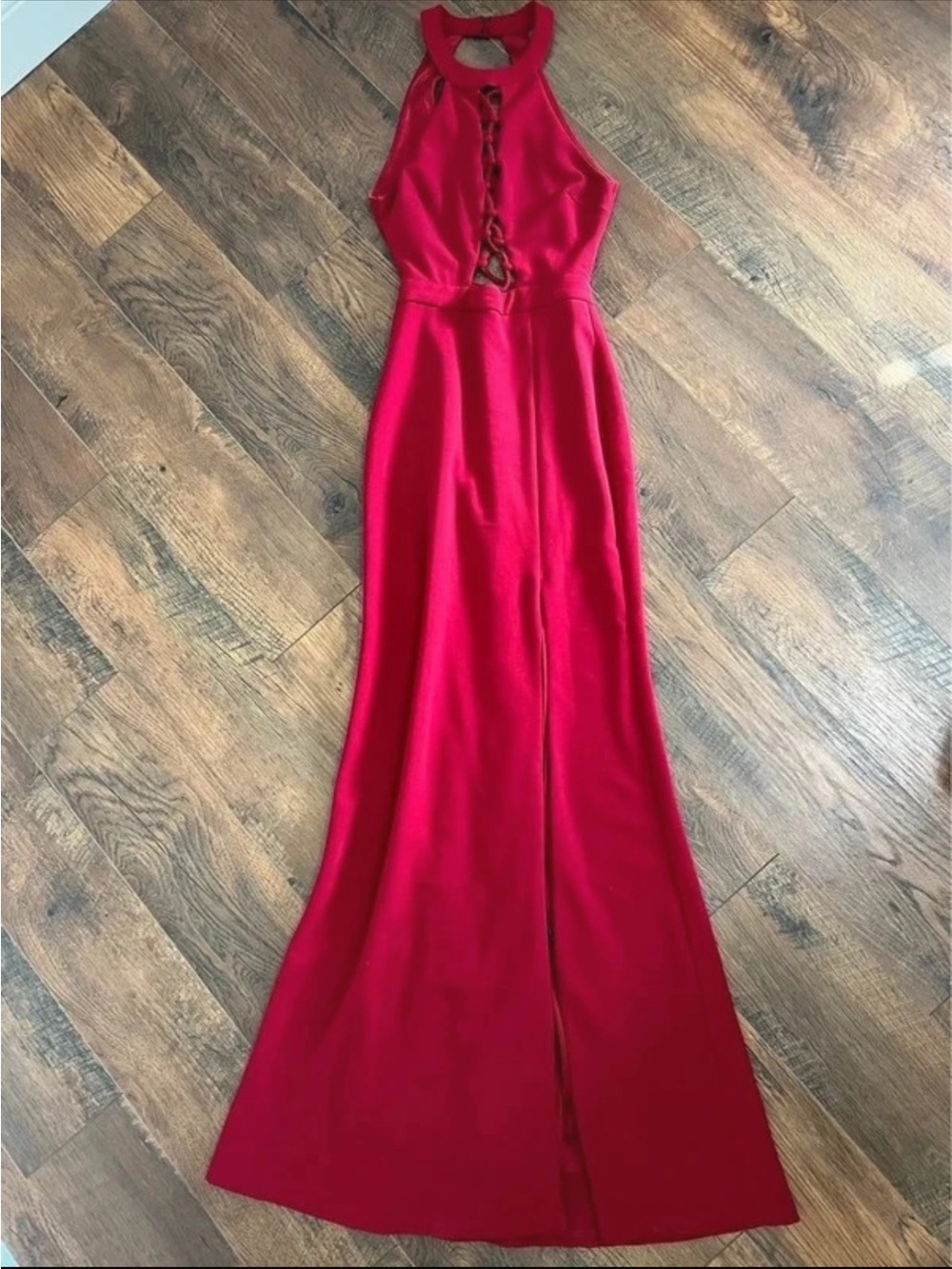 Lulu's Red Halter Maxi Dress with Front Lace-Up